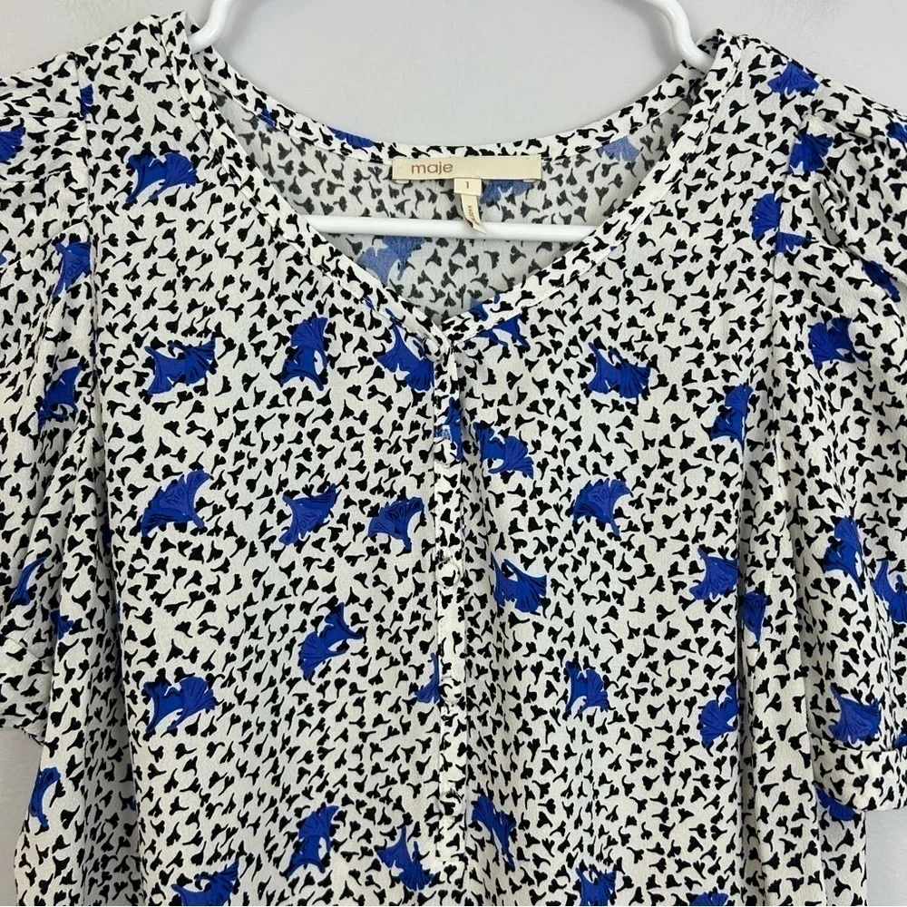 MAJE Lensam Floral Leaf Blue/White V-neck Short Puff Shoulder Blouse Size Small